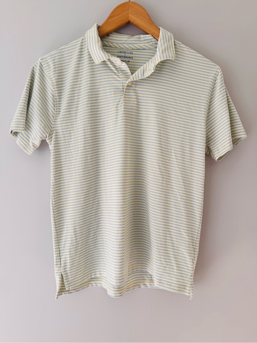 Crewcuts Boys XXL 14-15 Performance Polo Blue Yellow Stripe Preppy Golf